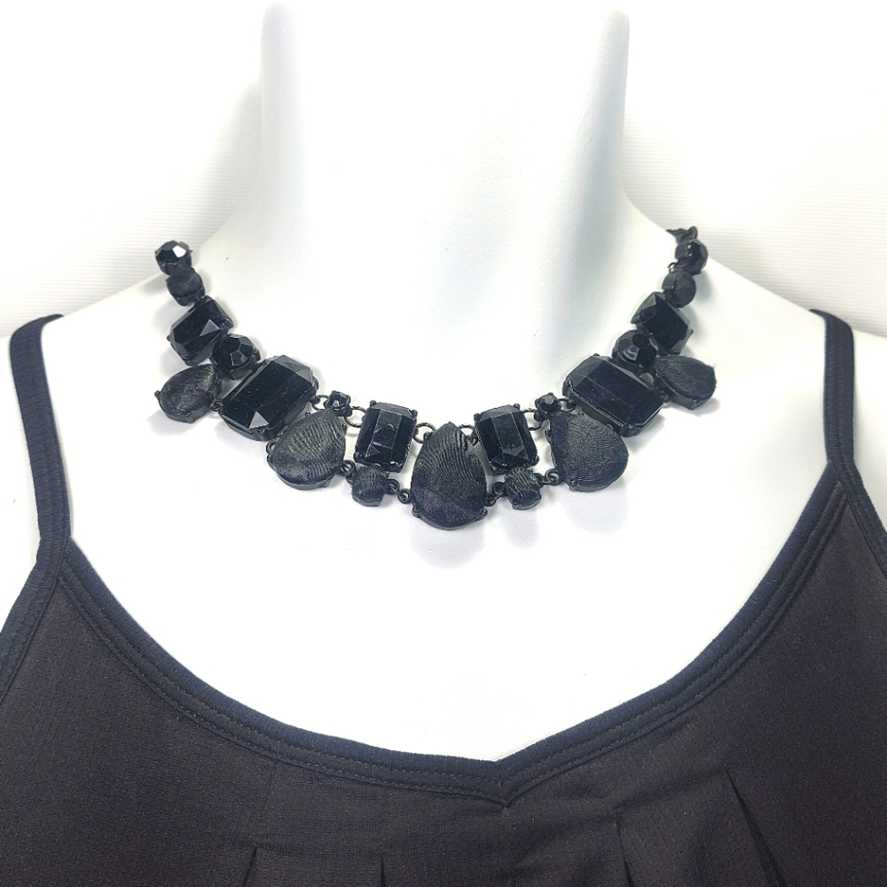 Black Glass Satin Metal Statement Collar Bib Necklace
